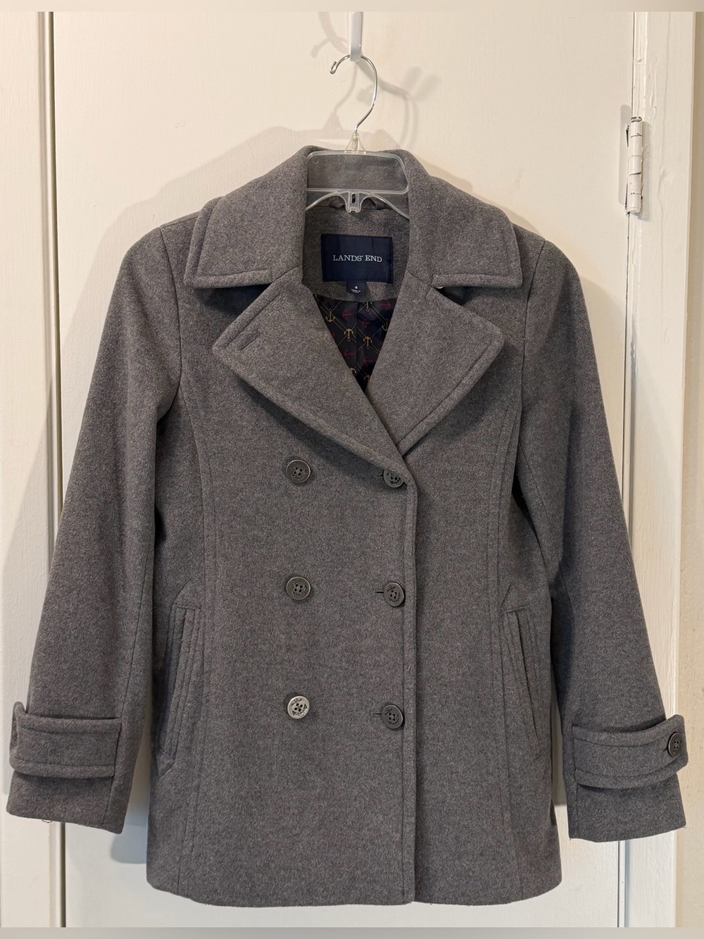 Lands' End Gray Double-Breasted Wool-Blend Peacoat